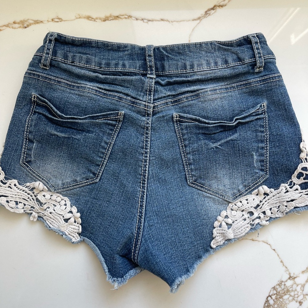 High Rise Blue Destressed Jean Shorts with Lacey Bottoms Cotton - Picture 2 of 4